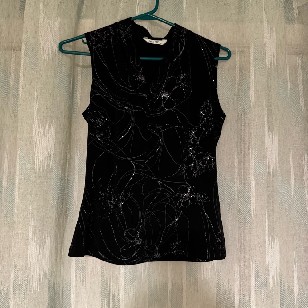 Black Sleeveless Fitted Graphic Glitter Blouse Sparkly Detail Elegant Light Grey